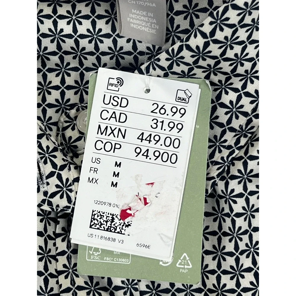 H&M Men's Geometric Print Button Down Shirt Long Sleeve‎ Polyester Size Medium